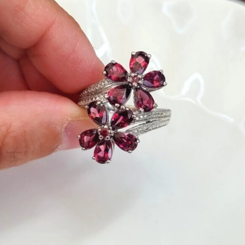 Vintage Boho Evening Sterling Silver Red Crystal Flower Cocktail Ring 7 - Picture 6 of 11